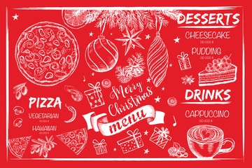 Christmas menu design. Restaurant menu. Hand drawn illustration