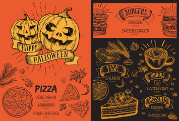 Halloween menu. Design template. Hand drawn illustration. 