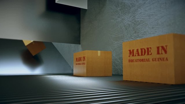 Made in equatorial guinea. Shipping and Moving Boxes with stamp equatorial guinea move on roller conveyor