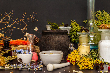 Halloween concept. Alchemy laboratory of the witch