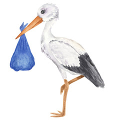 White stork with boy baby. Isolated object on the white background, watercolor hand drawn illustration, cartoon characte