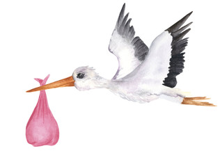 Flying hite stork with girl baby. Isolated object on the white background, watercolor hand drawn illustration, cartoon characte