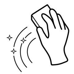 A hand in a rubber glove holding a wet sponge for house cleaning. Vector outline icon.