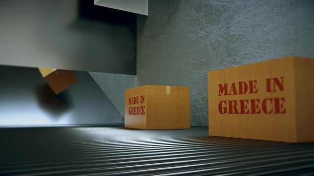Made in greece. Shipping and Moving Boxes with stamp greece move on roller conveyor