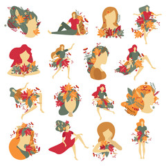 Girls Portraits Autumn Decorations Icons