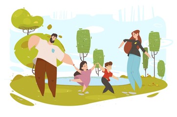 Happy Family Walk Around City Park Active Leisure