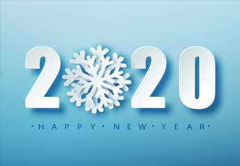 2020 Blue Christmas typography design. Winter season background with falling snow. Christmas and New Year poster template.Holiday greetings. Vector illustration EPS10
