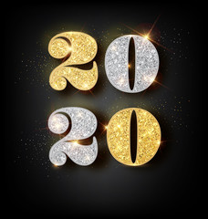 Happy New Year 2020 Greeting Card with Gold and Silver Numbers on Black Background with Glossy Reflection. Vector Illustration. Merry Christmas Design.