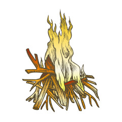 Traditional Burning Timbered Stick Vintage Vector. Burning Tree Wood Branches For Inflaming Flame. Hot Temperature Controlled Fire Of Twigs Designed In Retro Style Color Illustration