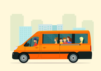 Fototapeta na wymiar Van car with passengers against the background of an abstract cityscape. Vector flat style illustration.