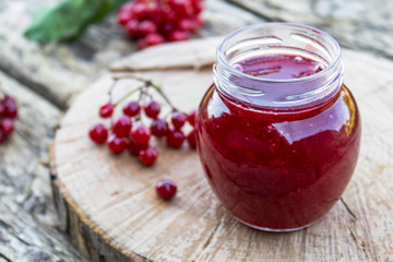 Glass jar of homemade viburnum jam with fresh viburnum berries on a wooden table. Source of natural vitamins. Used in folk medicine.