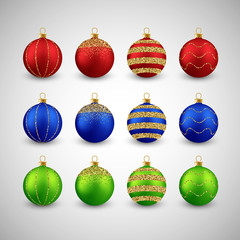 Christmas decorative colorful balls set with glitter, vector illustration