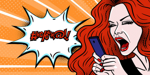 Comic style girl angry at her phone message and swearing, beautiful young redhead woman, pop art, vector illustration - 289248425