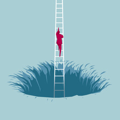 Businessman climbs out of the trap using ladder. Isolated on blue background.