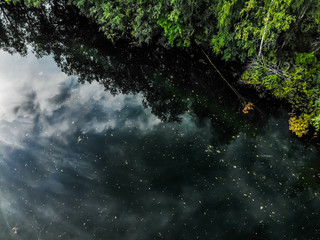 Aerial view of mystically turquoise coloured spring Kiikunlahde in Hollola, Finland