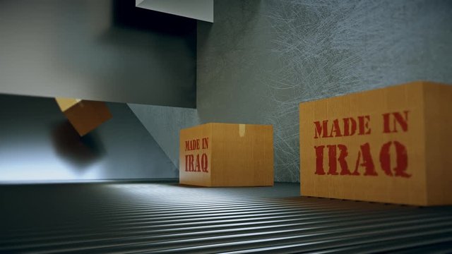 Made in iraq. Shipping and Moving Boxes with stamp iraq move on roller conveyor