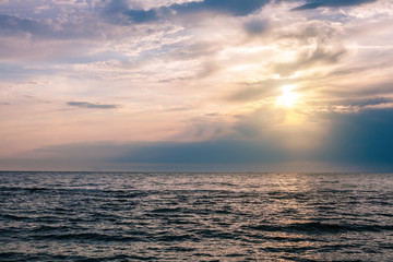 Panorama of beautiful sunset on the ocean.