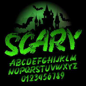 Scary alphabet font. Brush stroke letters and numbers. Handwritten vector typography for your design.