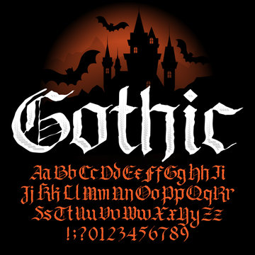 Gothic alphabet font. Hand drawn uppercase and lowercase letters and numbers. Vector typography for your design.