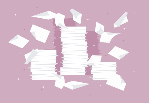 Vector illustration of stacks of paper flying around sheets of paper