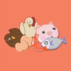 Vector illustration  of meat, pork, duck, chicken, egg, fish, shrimp on an orange background. Contraindications for Chinese vegetarian food : Do not eat meat and harm animals.