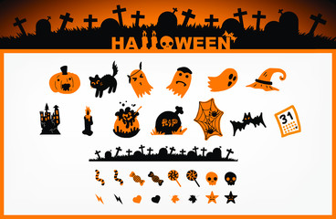 Halloween Large set of flat vector icons Pumpkin, Monster, Ghost or Grave in cemetery, Characters and objects, Hand drawn vector illustration, Line drawing. Design.