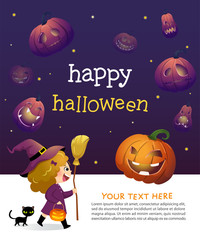 Halloween party invitation template card with little girl witch and black cat.