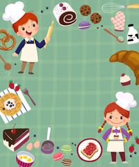 Template for advertising background in baking concept with two kid bakers.