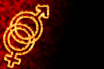 Sex and intimacy, heterosexual relationship and passionate marriage conceptual idea with fiery Venus (feminine) and Mars (masculine) symbols interlocked, metaphor for married partners with copy space