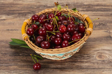 Sweet ripe cherry with leaves