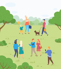 Outdoor activity on nature, people walking in park. Mother and son, guy with dog, couples and friends among trees and bushes on green meadow. Funny spending time on harvest festival. Flat cartoon