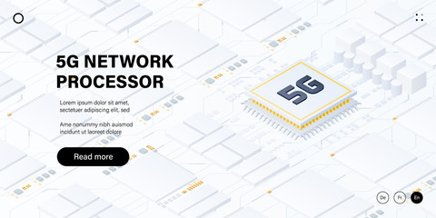 5G network processor clean white illustration. Mobile wireless internet of next generation. Isometric futuristic hi-tech smartphone with big letters. Web page design template