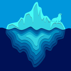 Illustration with iceberg and fur seal. Vector colored background.