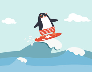 Cute penguin surfing waves vector © focus_bell