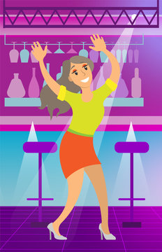 Smiling woman with rising hands dancing near counter bar with glass and chairs. Lady wearing dress moving on purple dance-floor, celebration event vector