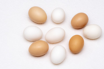 Whole white and brown eggs spread on a white surface
