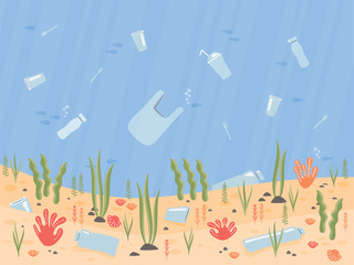 Colorful illustration of a polluted sea or ocean bottom. Sinking plastic bottles, cups, straws, bags. Sea bottom covered with plastic waste among seaweed and fishes.