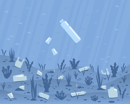 Illustration of a polluted sea or ocean bottom. Sinking plastic bottle and cups. Sea bottom covered with plastic waste among seaweed and fishes.