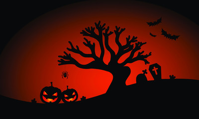 Happy halloween with pumpkin, tree, bat, spider in scary cemetery, mystical landscape, illustration design background.