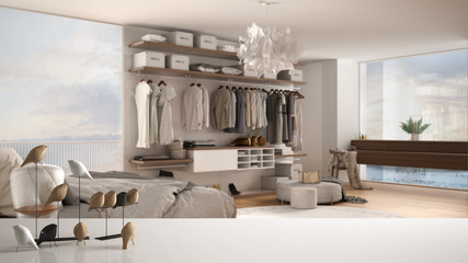 White table top or shelf with minimalistic bird ornament, birdie knick - knack over blurred contemporary luxury bedroom with walk-in closet and big window, modern interior design