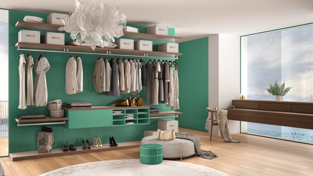 Luxury white and turquoise modern bedroom with walk-in closet with clothing, parquet floor, panoramic window with winter panorama, carpet, pouf, minimal architecture interior design