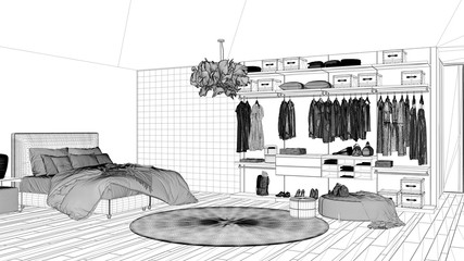 Blueprint project draft, luxury modern bedroom with walk-in closet with clothing and decors, parquet floor, panoramic window, carpet, pouf, minimal architecture interior design