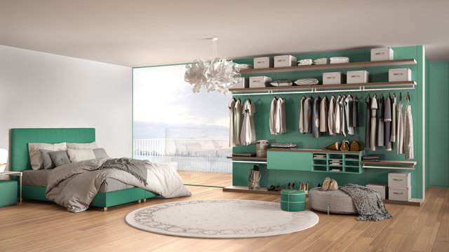Luxury white and turquoise modern bedroom with double bed and walk-in closet, clothing, parquet, panoramic window, winter panorama, carpet, pouf, minimal architecture interior design