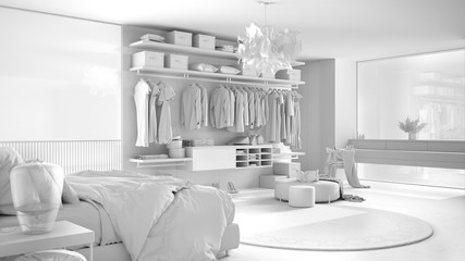 Total white project of luxury modern bedroom with walk-in closet, clothing, parquet floor, panoramic window with winter panorama, carpet, pouf, minimal architecture interior design