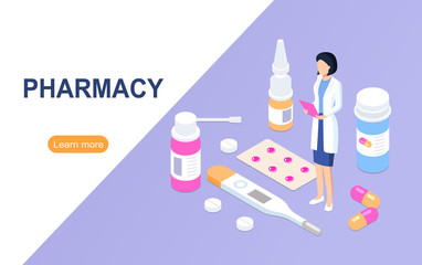 Pharmacy store concept. Flat isometric vector illustration.