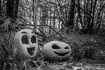 Two funny pink colored halloween pumpkins, a symbol of the feast of all saints. on dried grass...