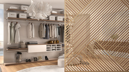 Wooden panel close-up, modern bedroom with walk-in closet, parquet floor. Minimalist zen interior design concept idea, contemporary architecture template