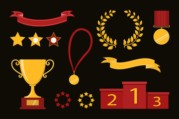 Award icons. Web site. Set of trophy cups, ribbons, stars, laurel wreath, winners podium