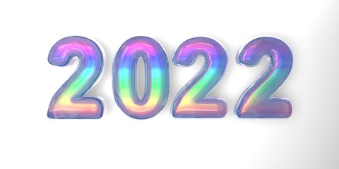 3D text of the letter 2022 year in the style of soap bubbles with a rainbow tint on a white background