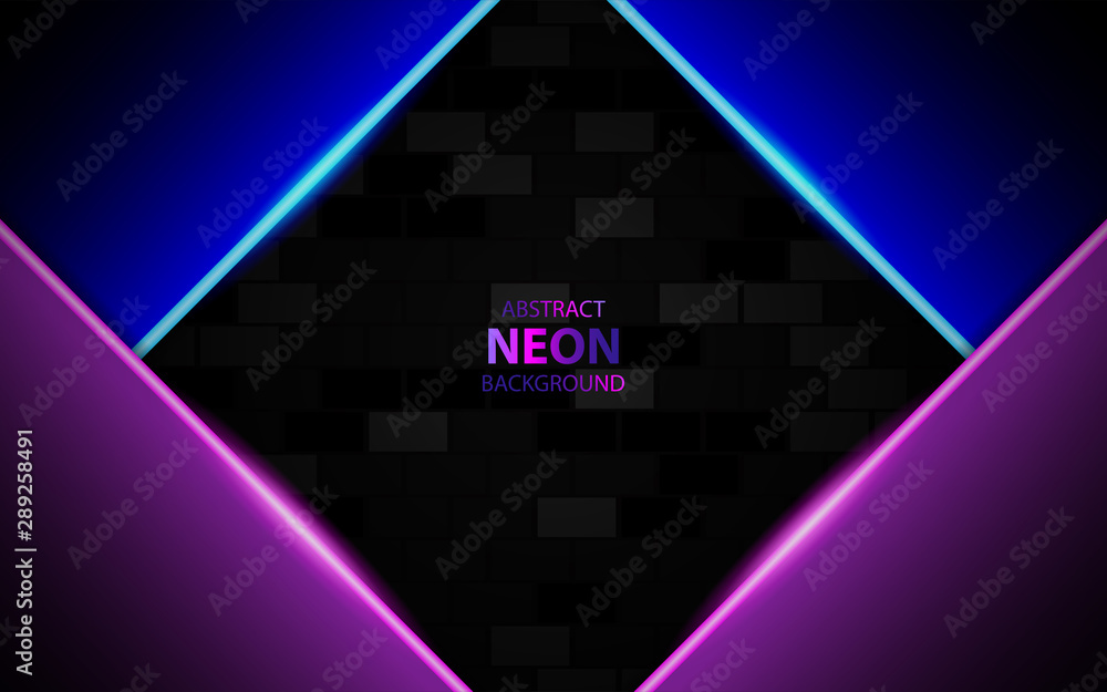 Poster dark blue purple overlapping layers background paper shape with neon glow effect for use frame templ